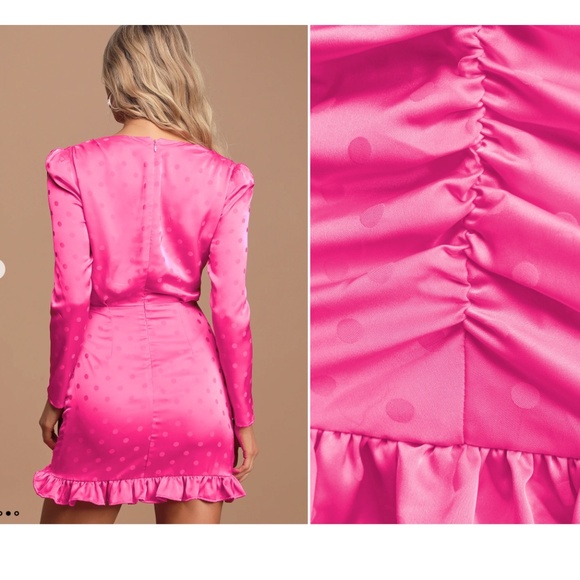 WAYF Phoenix Magenta Jacquard Satin Polka Dot Long Sleeve Mini Dress - Picture 4 of 4